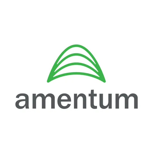 Amentum logo featuring the word "amentum" in lowercase gray letters. Above it, green curved lines form an abstract, arch-like shape