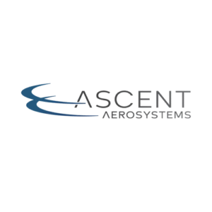 Logo for Ascent Aerosystems featuring a stylized blue swirl resembling rotor blades on the left