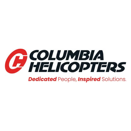 Logo of Columbia Helicopters features a red "C" with a stylized "H" inside, next to bold black text. Below, it says "Dedicated People, Inspired Solutions" in red and gray.