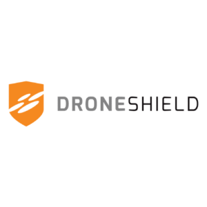 Orange shield logo with abstract white streaks next to the word "DRONESHIELD" in gray and black