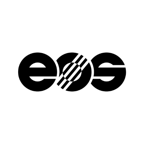 "Black geometric 'eos' logo on a white background, featuring bold letters interconnected by diagonal lines, conveying modernity and unity."