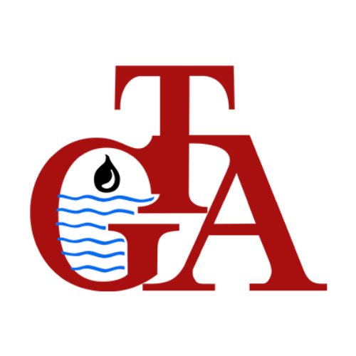 Red letters "T," "G," and "A" overlap creatively. The "G" contains a droplet and wavy blue lines, suggesting water.