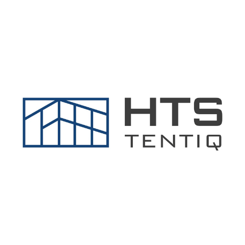 Logo of HTS TENTIQ, featuring a stylized blue tent-like structure on the left and the company name in bold gray letters on the right, against a white background.