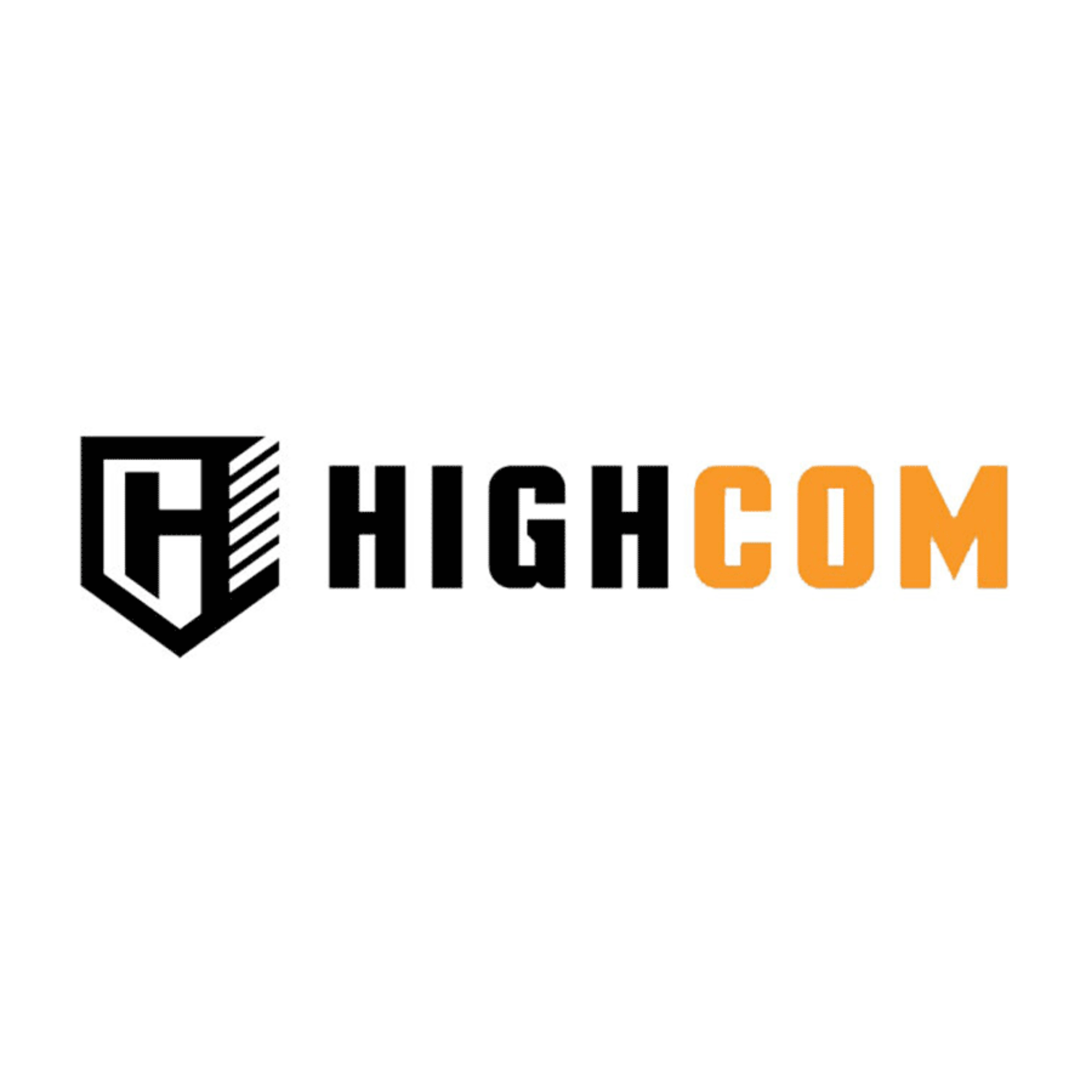 Logo featuring a stylized black shield with an "H" next to the bold text "HIGHCOM." "HIGH" is black, "COM" is orange, all on a white background.