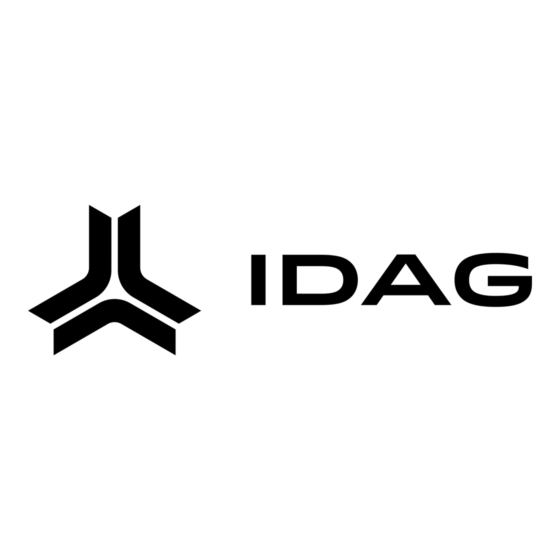 Stylized black emblem with three abstract shapes on the left and the text "IDAG" in bold uppercase on the right. Minimalist and modern design.