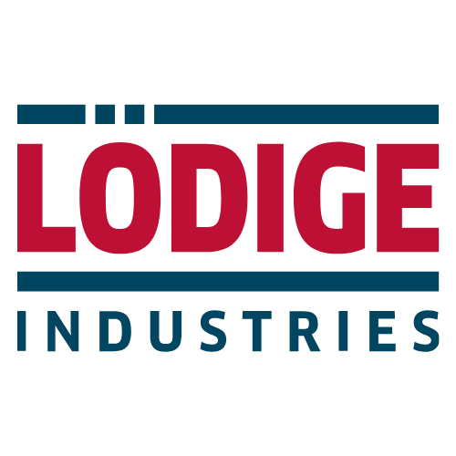 Red text "LÖDIGE" is prominently displayed with a blue umlaut over the "O". Below, "INDUSTRIES" is in blue, separated by horizontal lines.