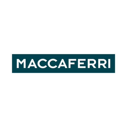 Dark teal rectangle with the white text 'MACCAFERRI' in bold, uppercase letters centered. Minimalist design on a white background.
