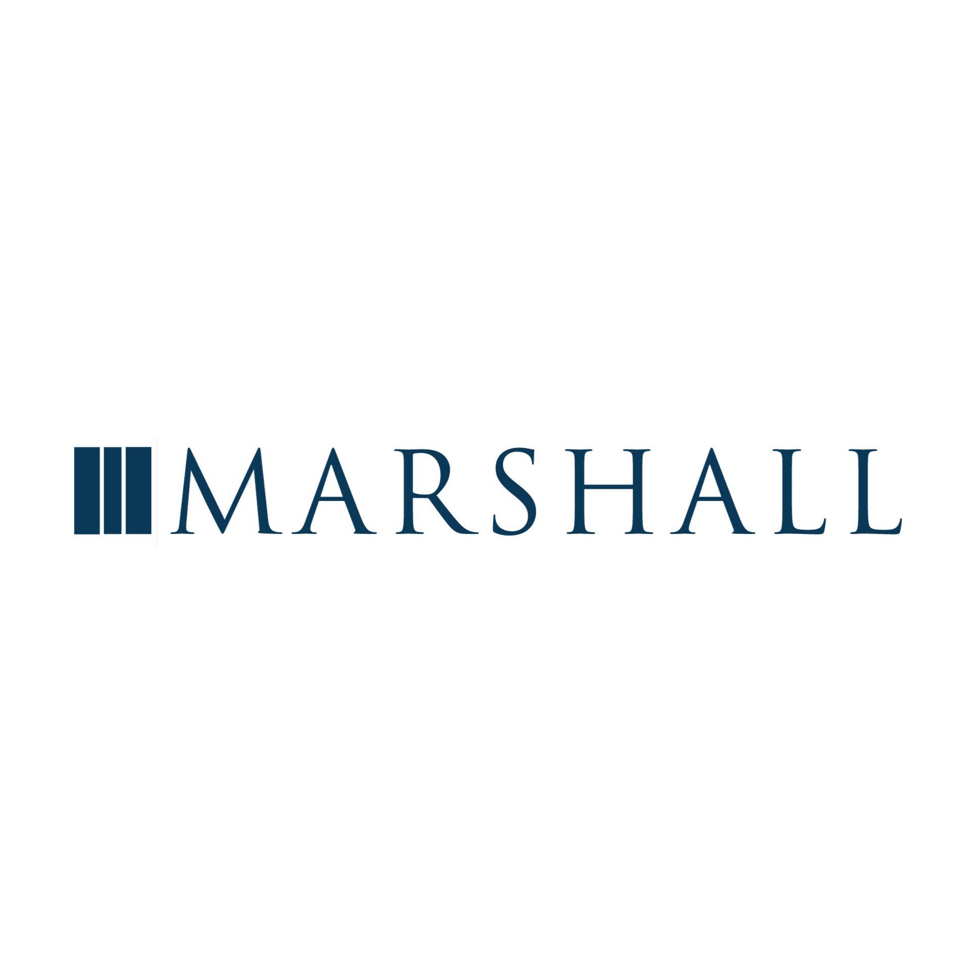 Three vertical navy bars beside the word "MARSHALL" in elegant navy blue text on a white background