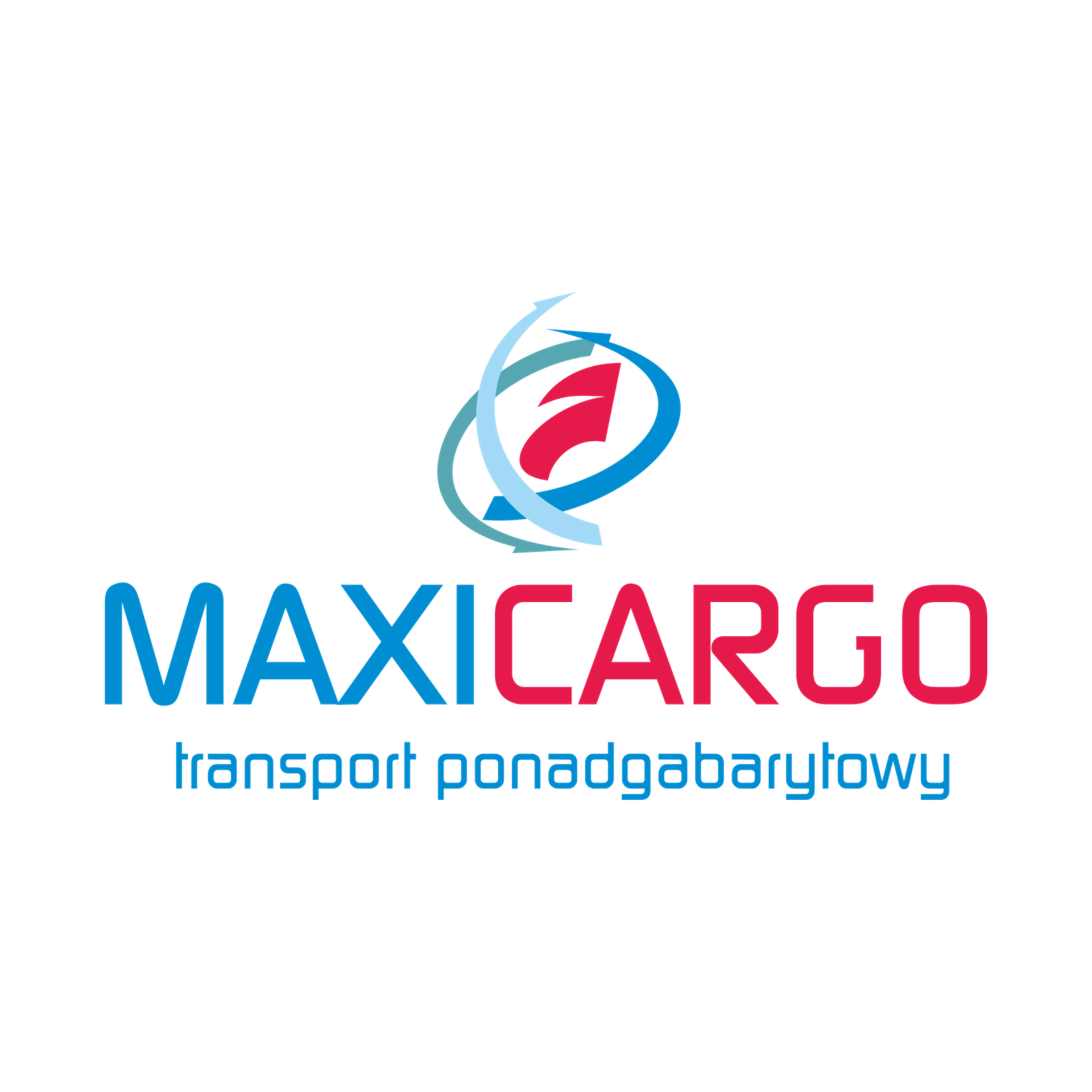 Logo of "MAXICARGO" with bold blue and red text. Above the text is a stylized red arrow encircled by swirling blue arrows. Below, it reads "transport ponadgabarytowy."
