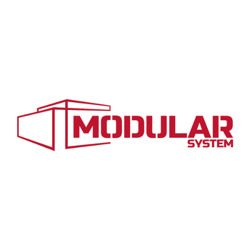 Red 3D-style logo with the words "Modular System" in bold, block letters. Abstract structure on the left resembles a building