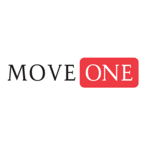 Logo with the words 'MOVE ONE'; 'MOVE' in black and 'ONE' in white on a red rectangle.