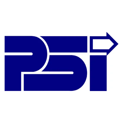 Blue geometric logo with the letters "PSI" featuring an arrow pointing right, symbolizing progress and direction on a white background.