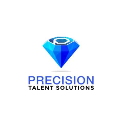 A blue geometric diamond logo with the text "Precision Talent Solutions" below. The tone is professional and modern, symbolizing clarity and excellence.