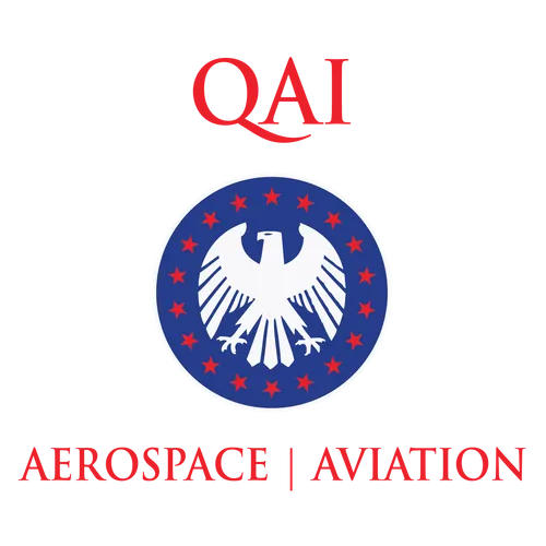 QAI logo featuring a stylized eagle inside a blue circle adorned with red stars, with 'Aerospace | Aviation' written below in bold red text.