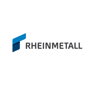 logo with a modern, angular design in blue and dark blue on the left, accompanied by “RHEINMETALL” in bold, gray text on a white background.