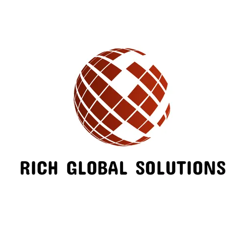 Red and white globe logo with a tessellated pattern above the text "Rich Global Solutions" in bold black letters on a white background.