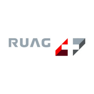 Gray "RUAG" text beside a geometric logo in red and gray tones on a white background, conveying a modern and technological feel.