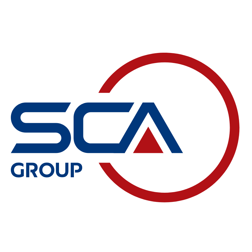 Logo of SCA Group with blue "SCA" text and "GROUP" beneath. A red circle partially surrounds the text, with a red triangle forming part of the "A."