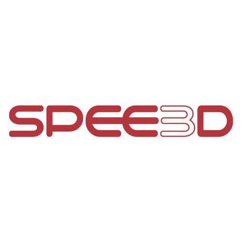 Red text logo on white background reads "SPEE3D" with stylized "3D" in a digital font, conveying innovation and technology in 3D printing.