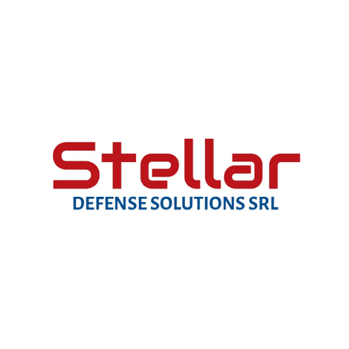 Red text spelling "Stellar" with blue text underneath saying "DEFENSE SOLUTIONS SRL" on a white background