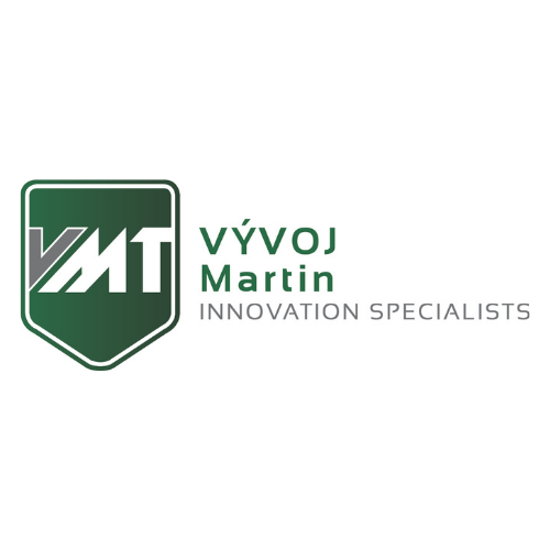 Green shield logo with 'VMT' initials in white, beside the text 'VÝVOJ Martin INNOVATION SPECIALISTS' in green and gray.