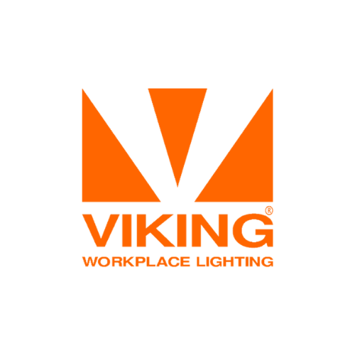 Orange geometric logo featuring a stylized "V" above the bold text "VIKING" and smaller "WORKPLACE LIGHTING" below, on a white background.