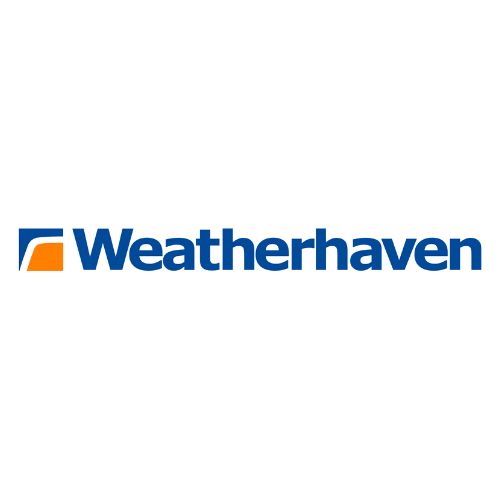 Blue "Weatherhaven" text with an orange and blue abstract logo on the left, conveying a professional and modern tone. The background is white.