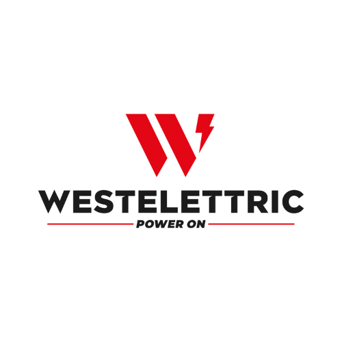 Red geometric "W" with a lightning bolt, above bold black text "WESTELETTRIC" and smaller "POWER ON" tagline