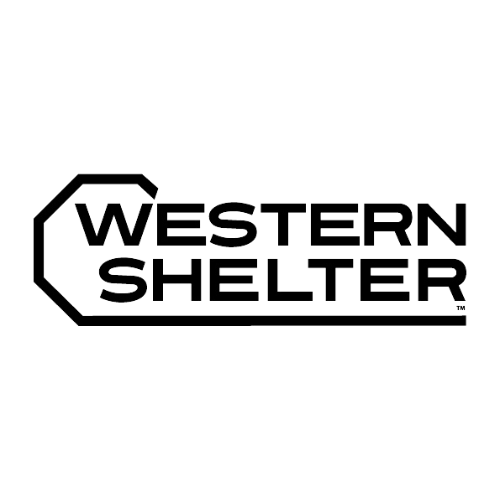 Logo for Western Shelter, featuring bold, black text. The word "Western" is framed by an octagonal shape