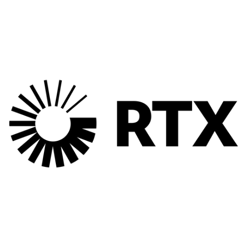 RTX logo featuring a stylized black and white turbine design next to bold, black 'RTX' text on a plain white background.