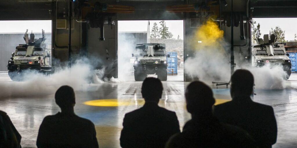 Ceremonial delivery — the first three BvS10 vehicles in the Swedish, German, and United Kingdom’s joint procurement programme.