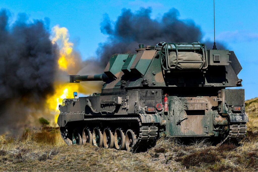 A Polish Army Krab self-propelled howitzer being fired during NATO exercise Dynamic Front 2023 in Denmark.