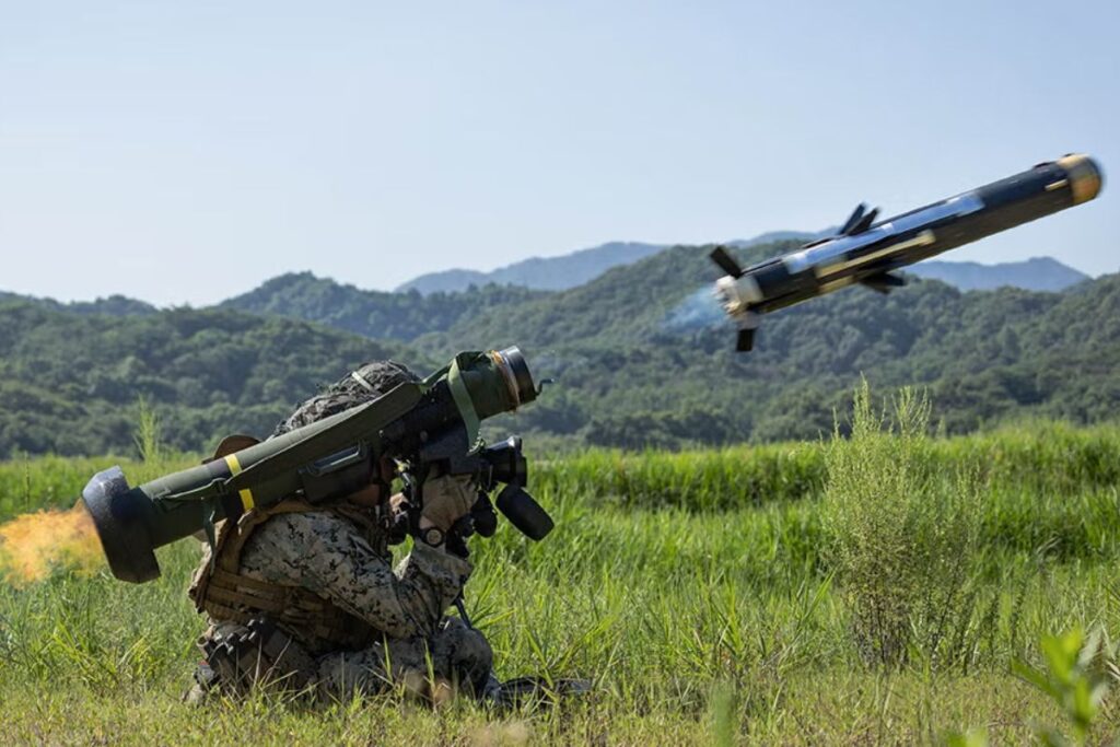 A Javelin anti-tank missile being fired by a U.S. Marine during a training exercise.